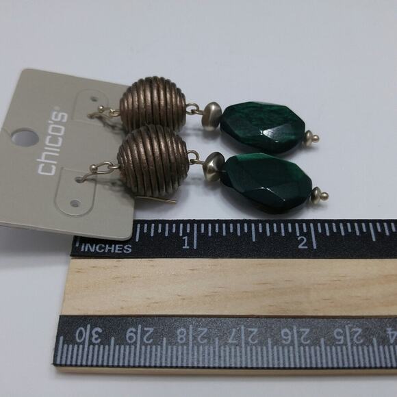 Chico's Bronze and Green Lucite Drop Bead Earrings, 2 1/4 Inches, New On Card - Picture 9 of 9